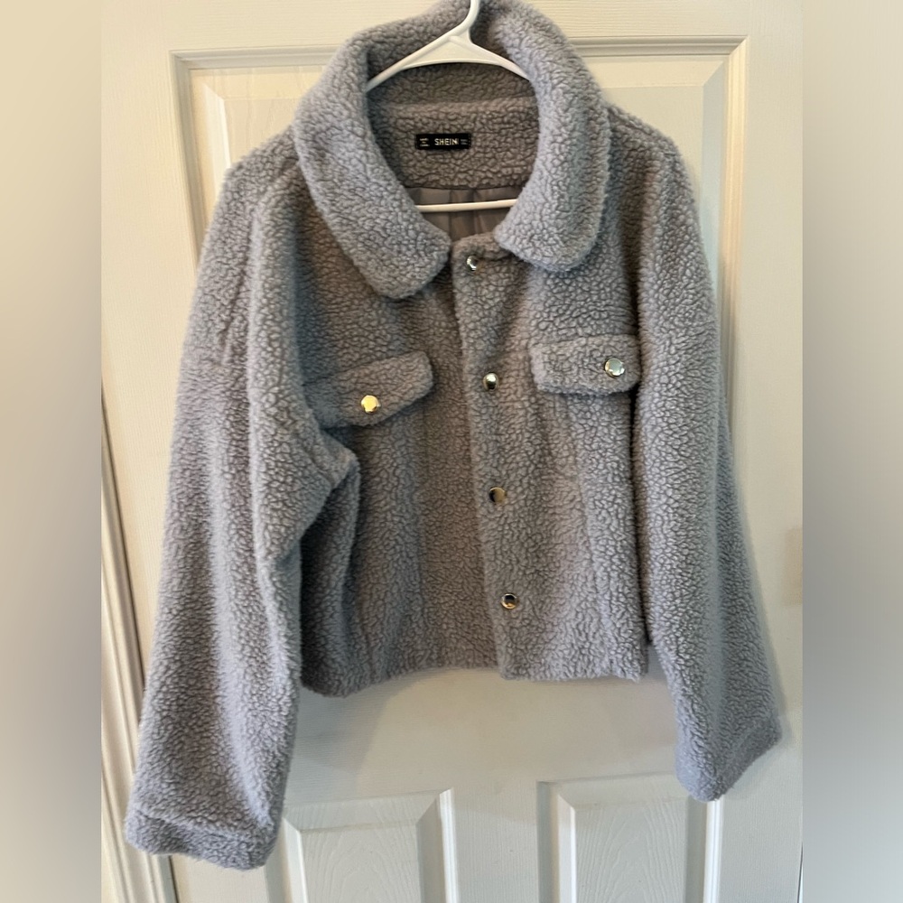 Shein Large Periwinkle PowderFuzzy/Teddy Bear Crop Coat
